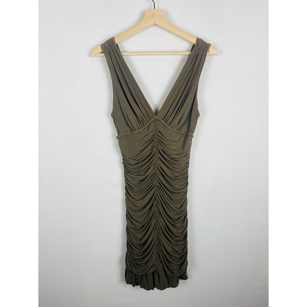 BCBGMAXAZRIA Olive Green Ruched V-Neck Mini Dress Braided Trim‎ Size M Y2K
